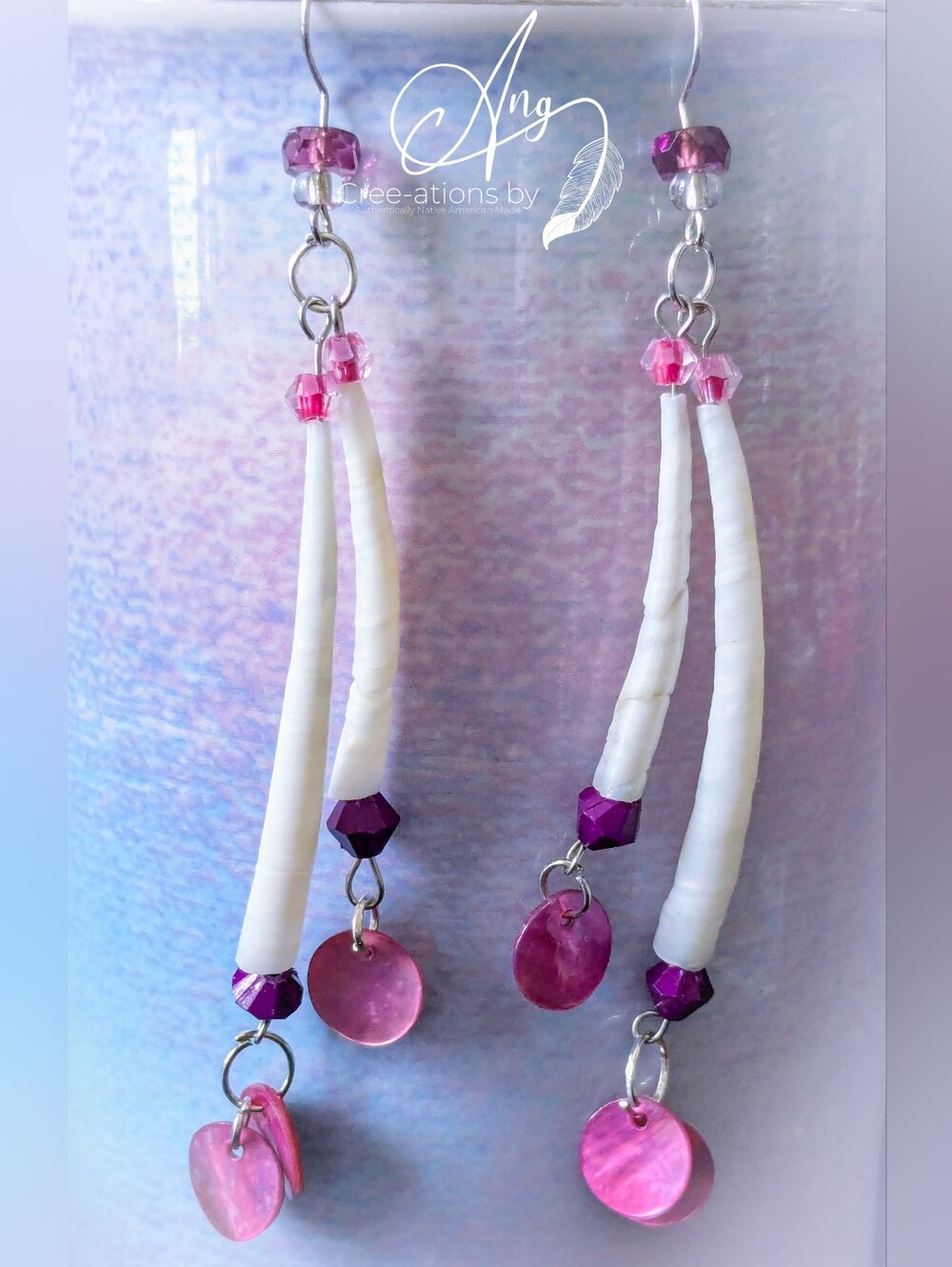 Elegant Native American Made Mauve Pink & Purple Shell Earrings